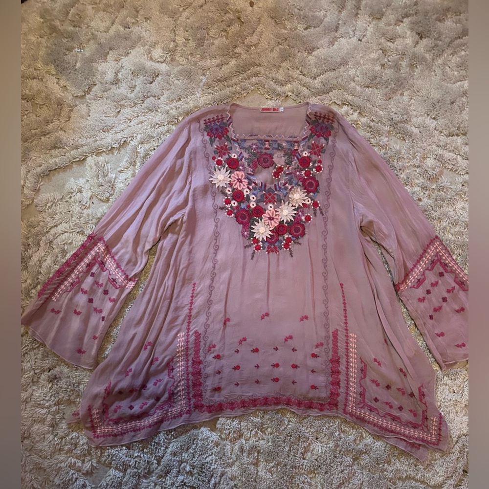 Johnny Was Mauve Pink Embroidery Long Sleeve Top